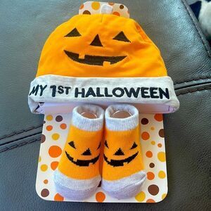 1st Halloween hat and booties Jack o lantern